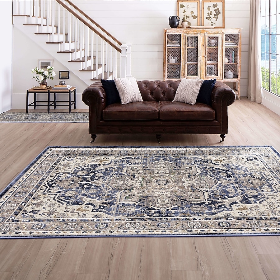 Area Rug Navy Border Distressed Medallion Carpet