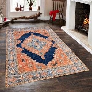 Area Rug Navy Orange Contrast Intricate Border Rug