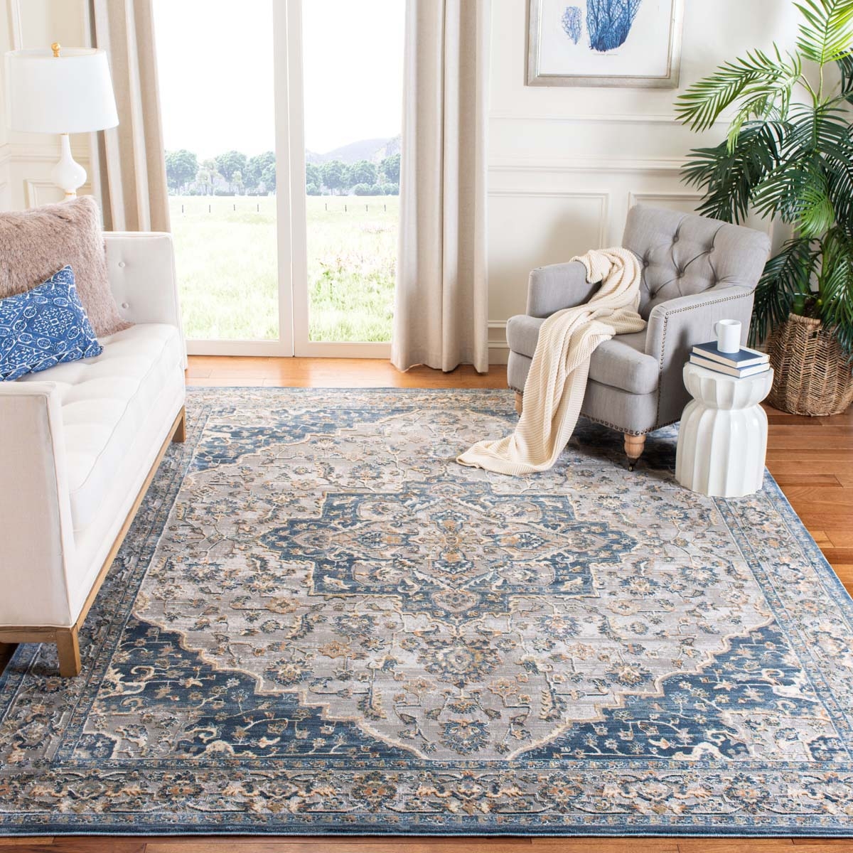 Area Rug Ornate Border Navy Cream Traditional Center