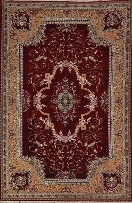 Area Rug Ornate Tan Border Burgundy Medallion Carpet