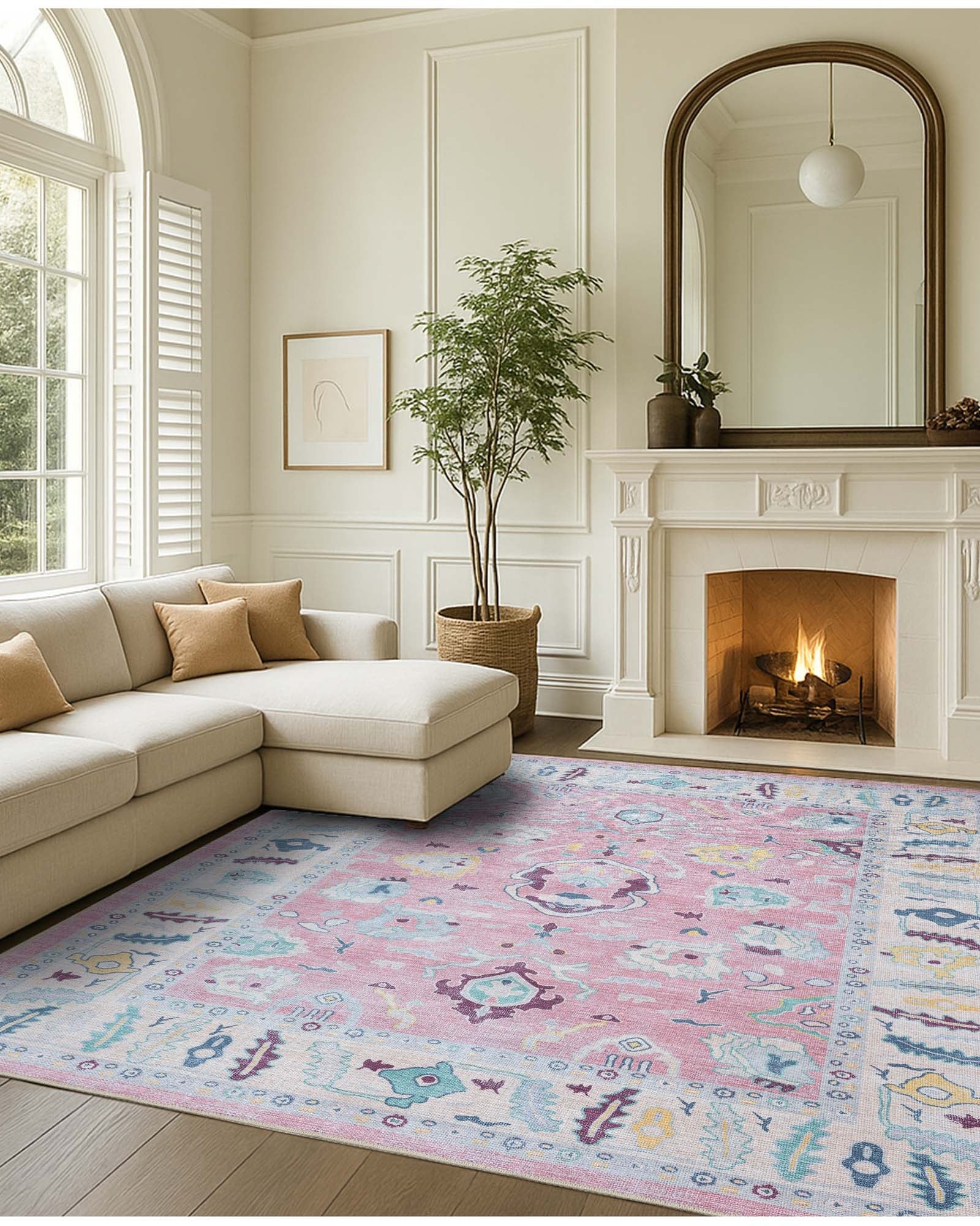 Area Rug Oushak Pattern Pale Pink Geometric Frame