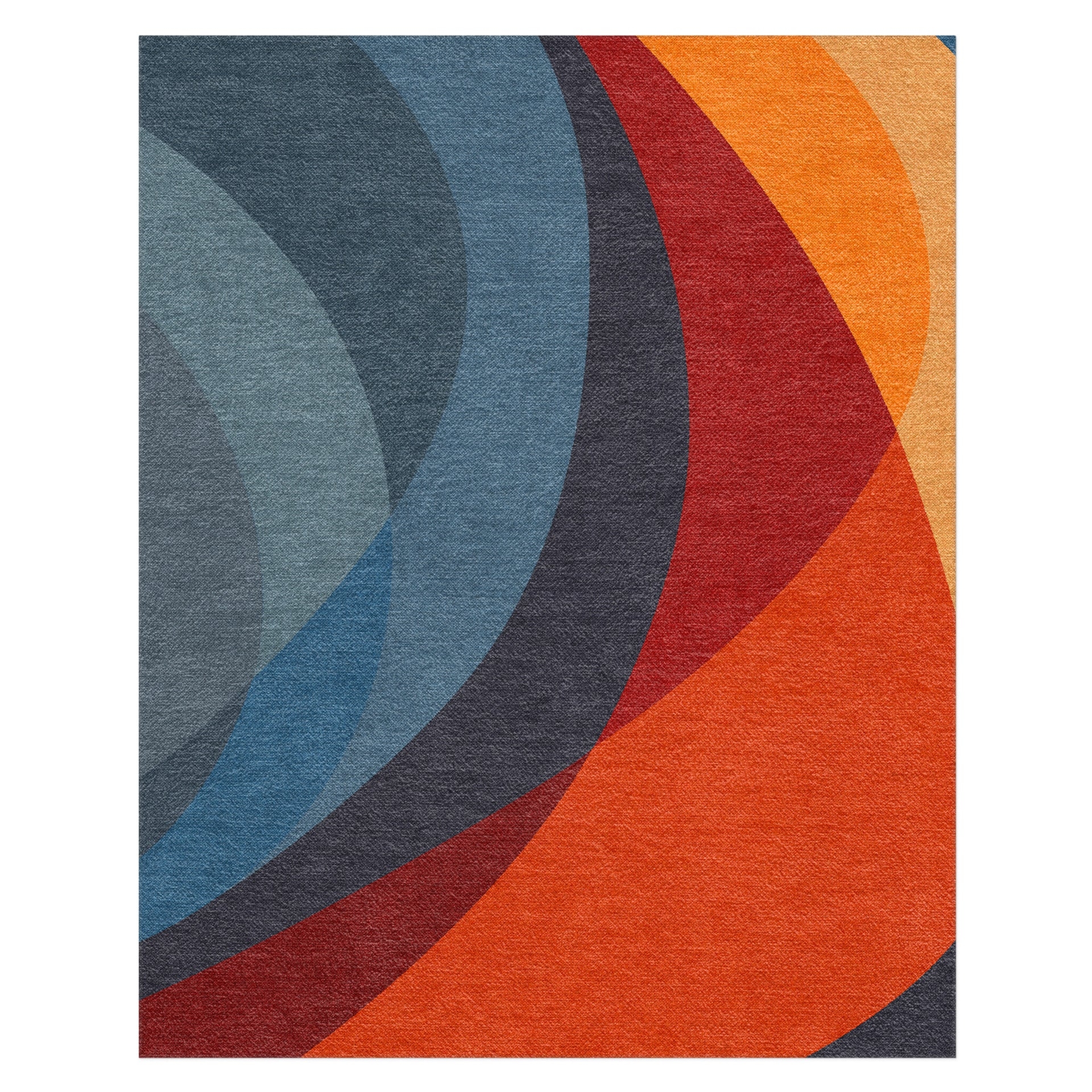 Area Rug Overlapping Curves Blue and Orange Contrast