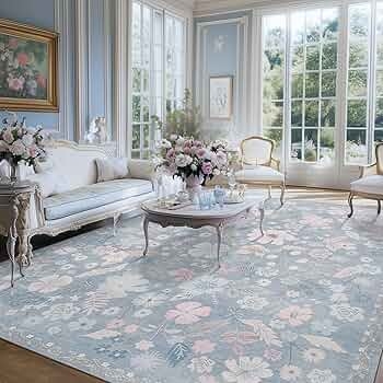 Area Rug Oversized Botanical Print Dusty Blue Base