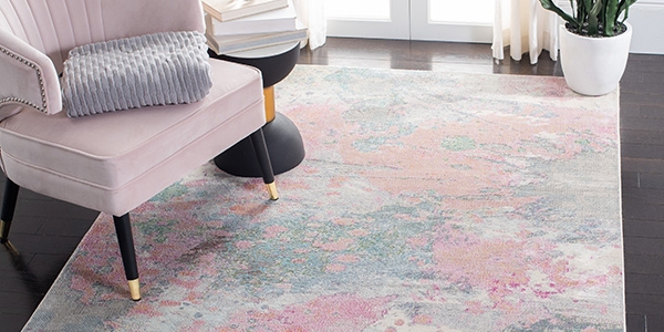 Area Rug Painterly Effect Gold Tipped Legs Modern Blush Pink Rug