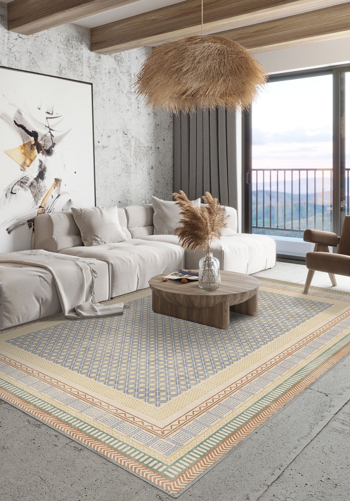Area Rug Pastel Lattice Geometric Border Boho Floor Rug