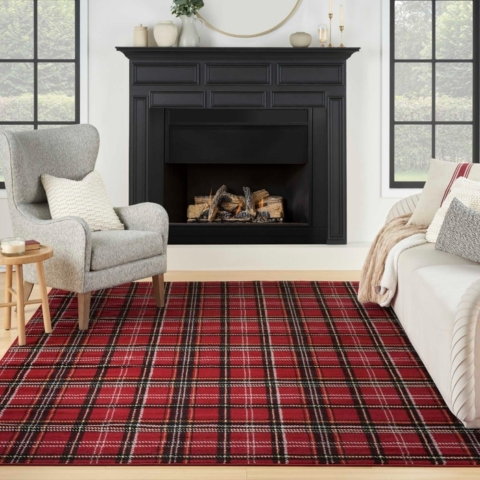 Area Rug - Plaid Pattern Matte Black Fireplace Lodge Carpet