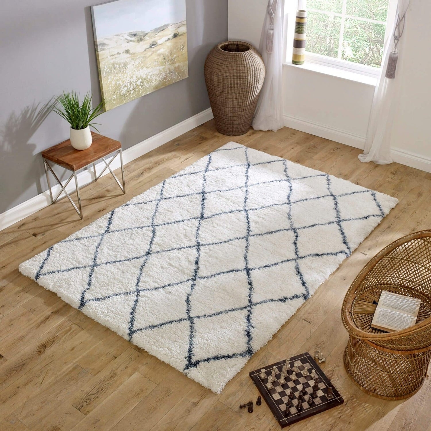 Area Rug Plush Shag Diamond Trellis Pattern Navy