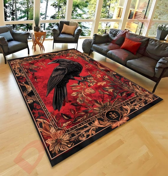 Area Rug Raven Graphic Ornate Gold Border Baroque Rug