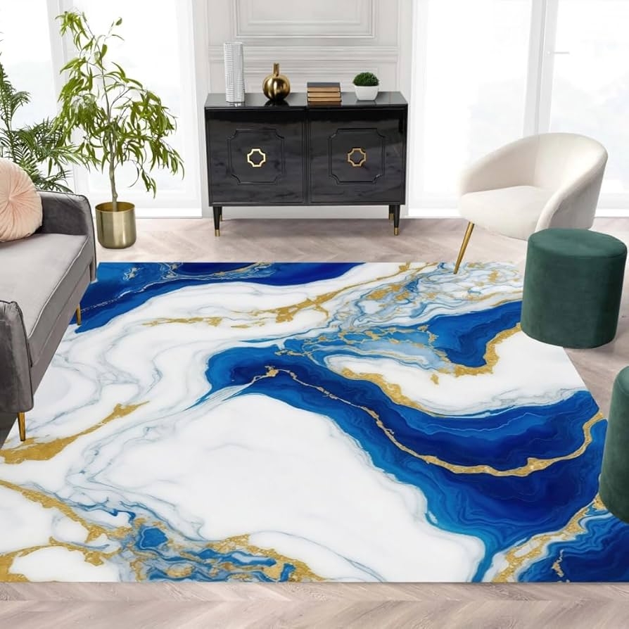 Area Rug Royal Blue Gold Marble Swirl Abstract Glam