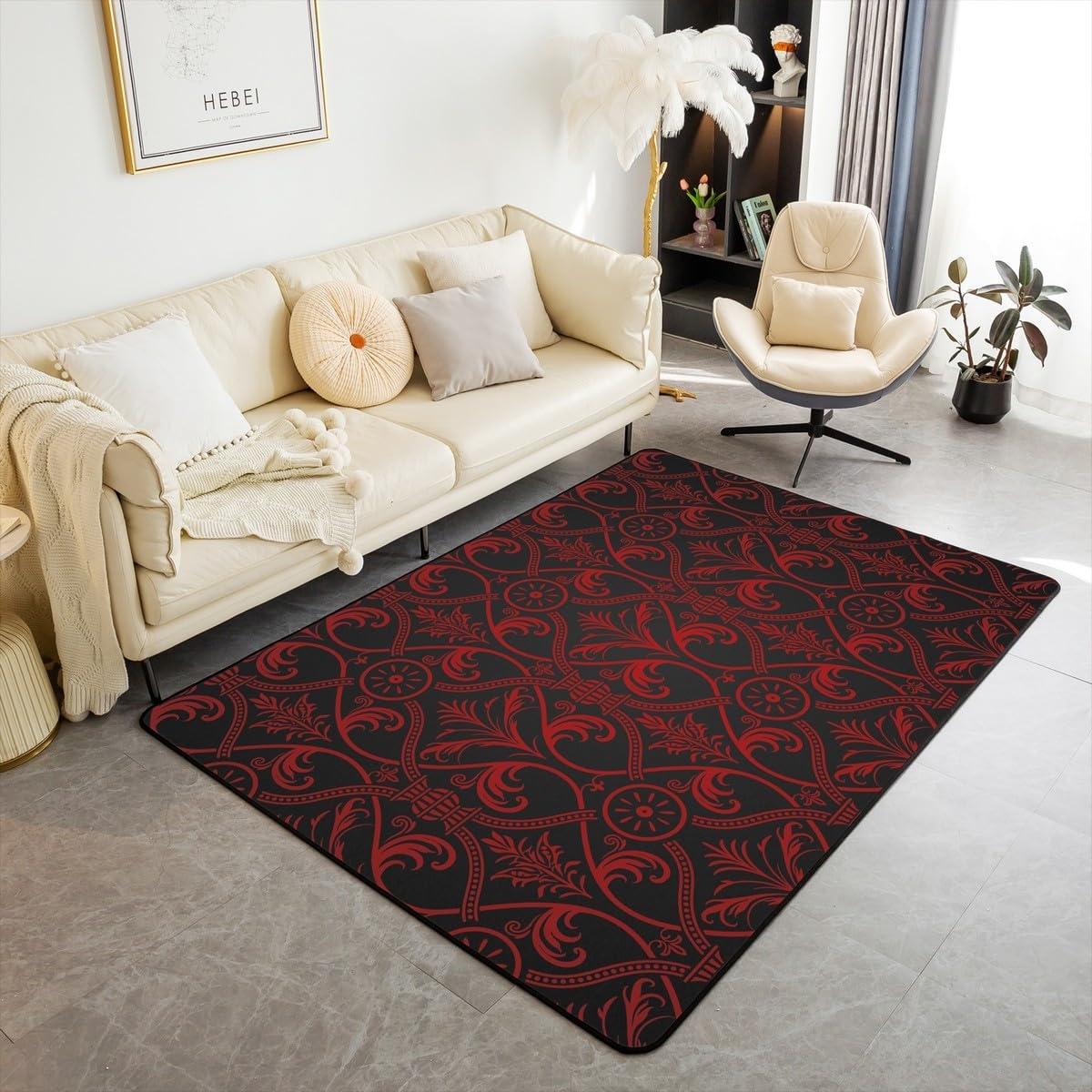 Area Rug Ruby Red Damask Pattern Gothic Floral Carpet
