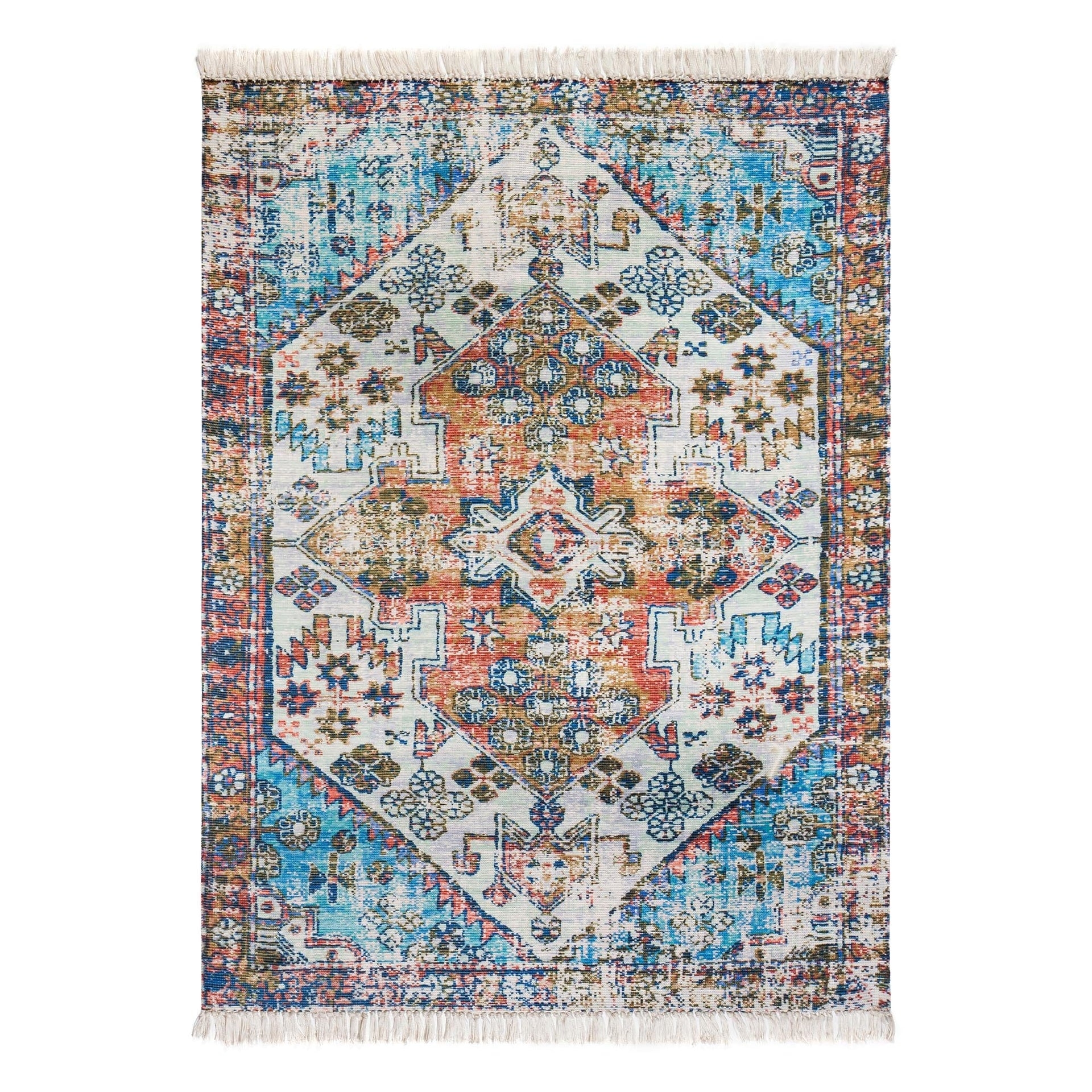 Area Rug Rust Teal Palette Distressed Medallion Style