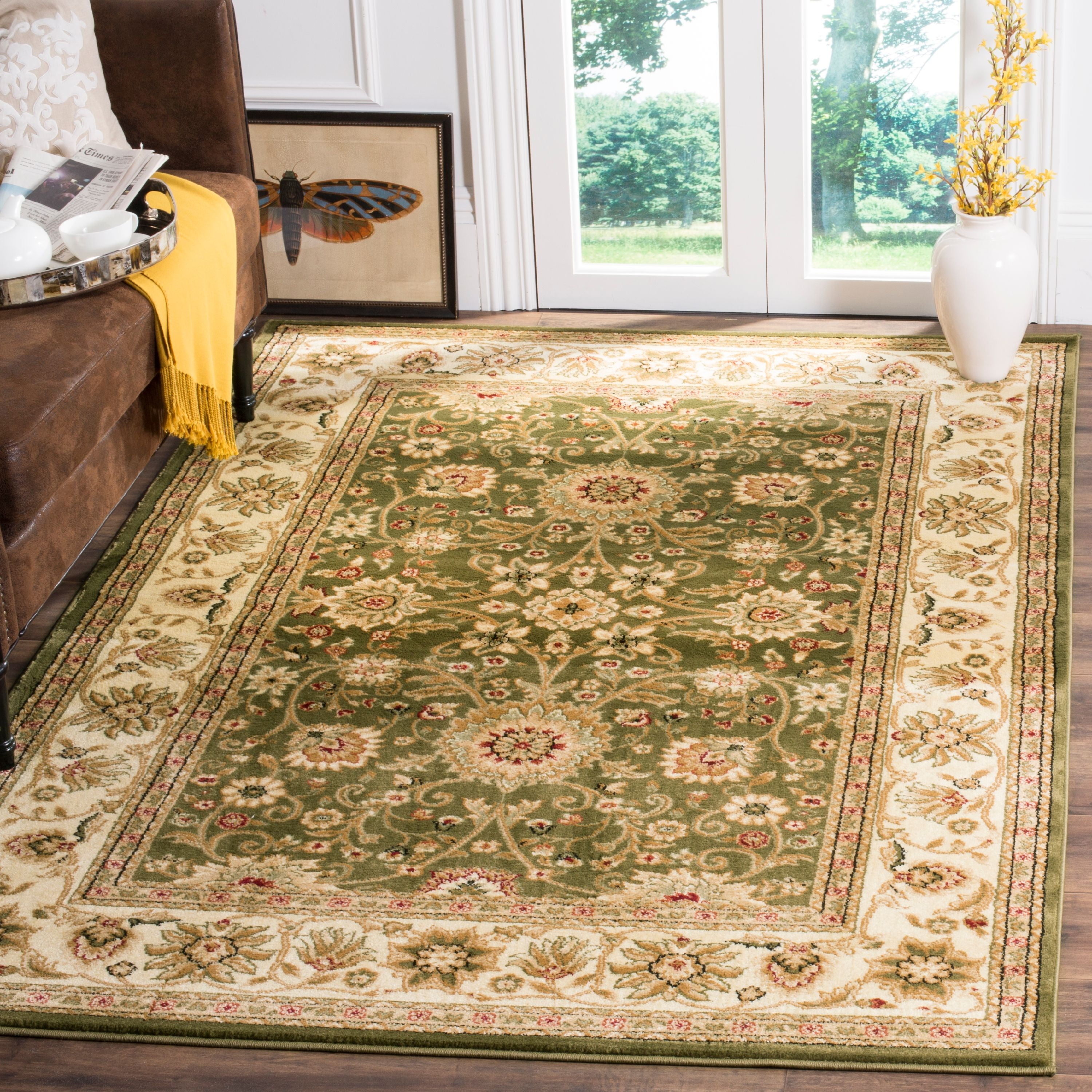 Area Rug Sage Green Field Ivory Medallion Carpet