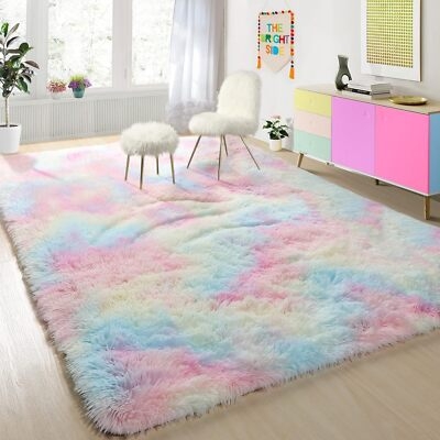Area Rug Shag Pile Pastel Rainbow Fluffy Room Carpet