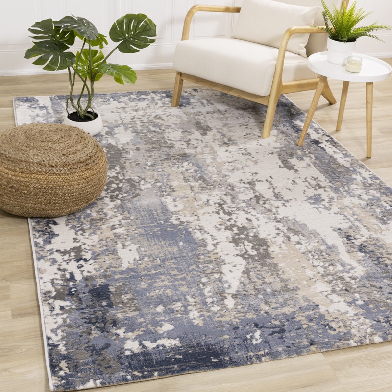 Area Rug Slate Blue Abstract Watercolor Sandy Beige