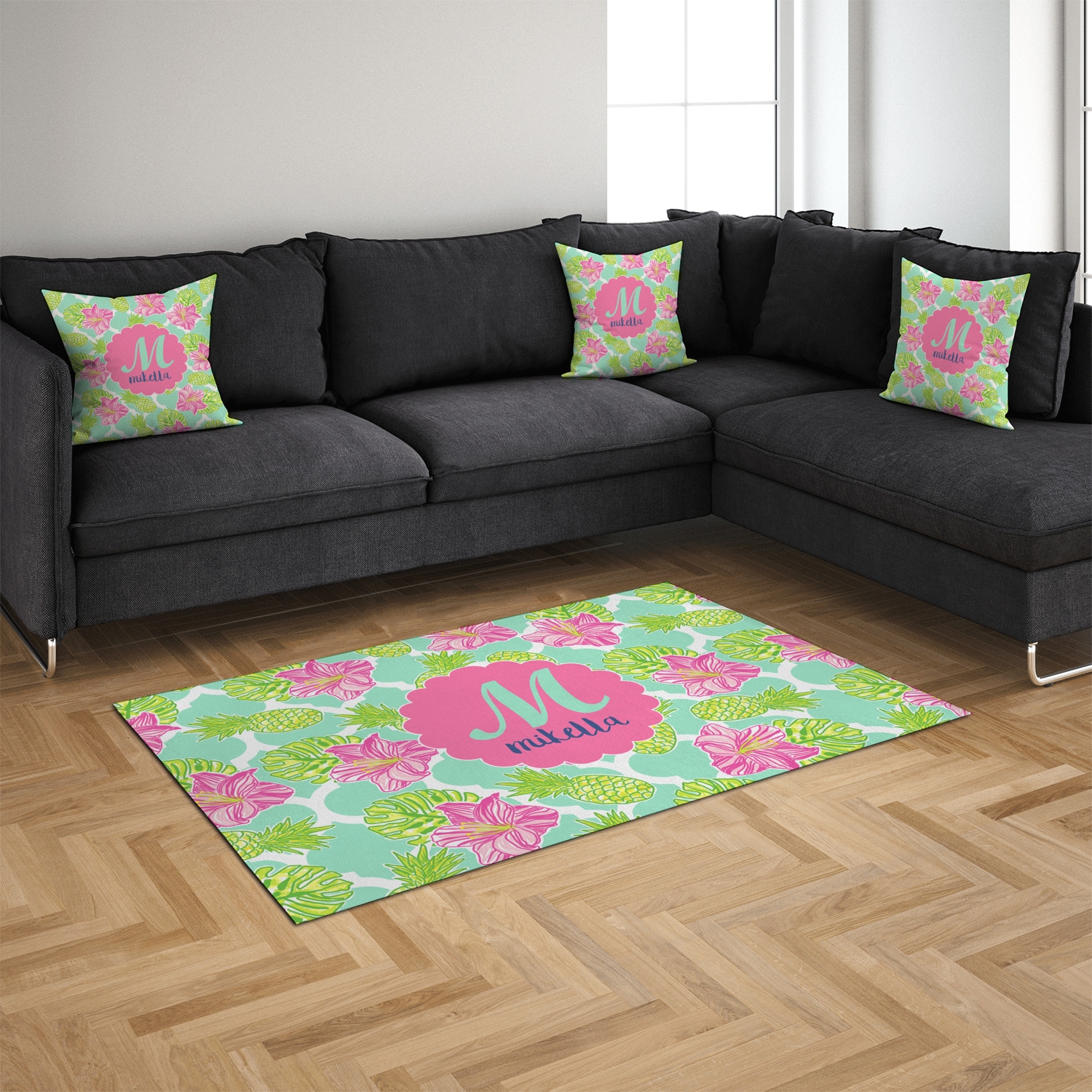Area Rug Teal and Pink Personalized Tropical Floral Rug