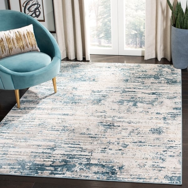 Area Rug Teal Distressed Abstract Motif Mid-Century