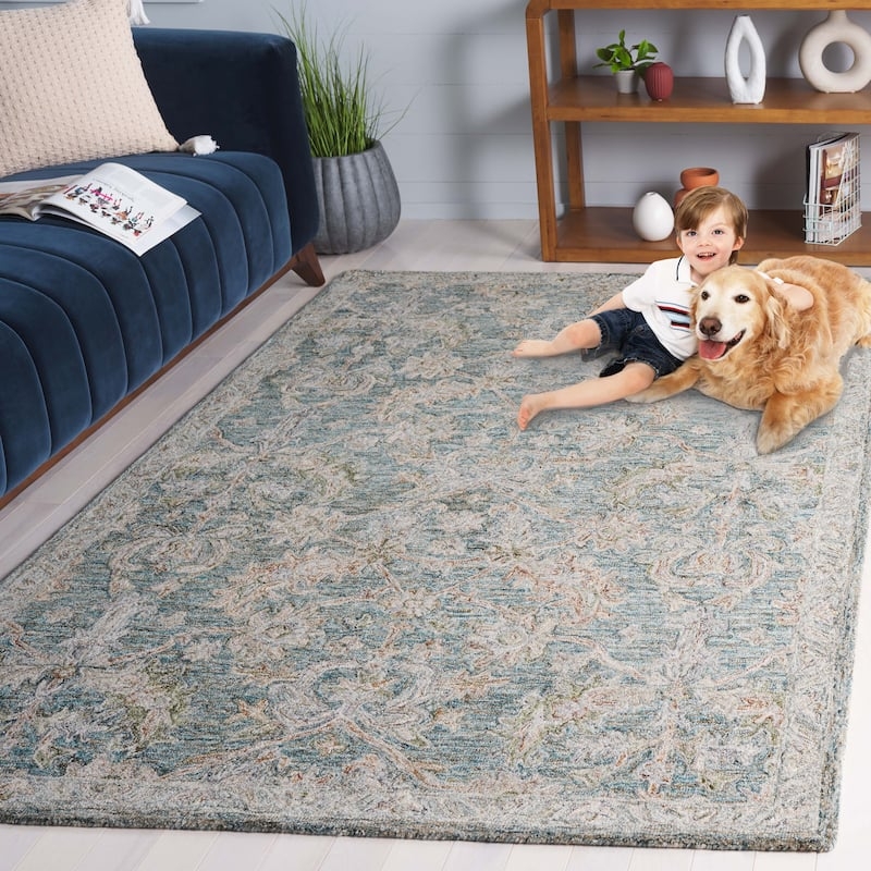 Area Rug Teal Green Palette Distressed Wool Carpet
