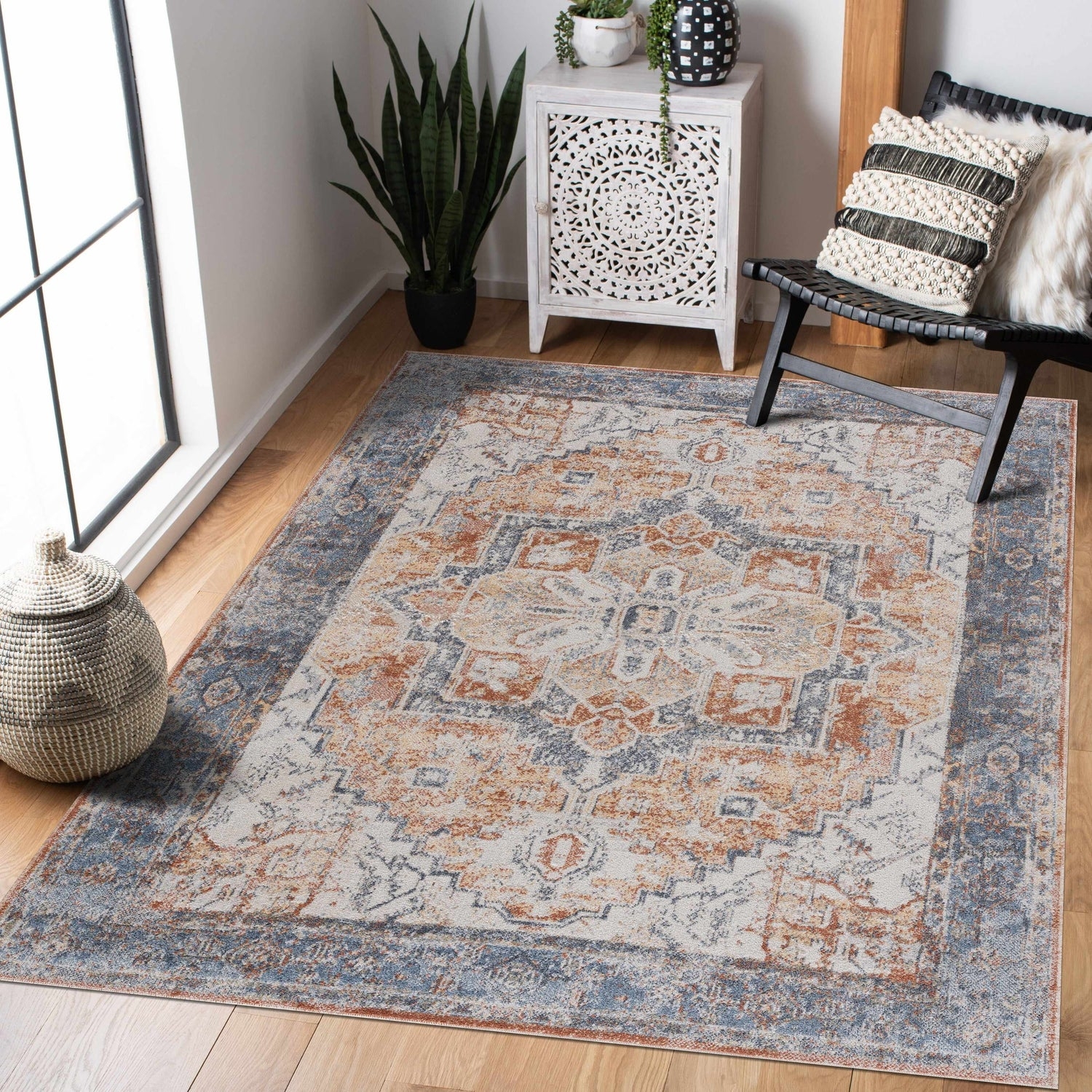 Area Rug Terracotta Accents Blue Orange Medallion Rug