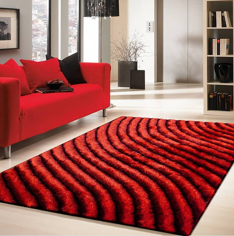 Area Rug - Textured Crimson High Pile Undulating Wave Carpet