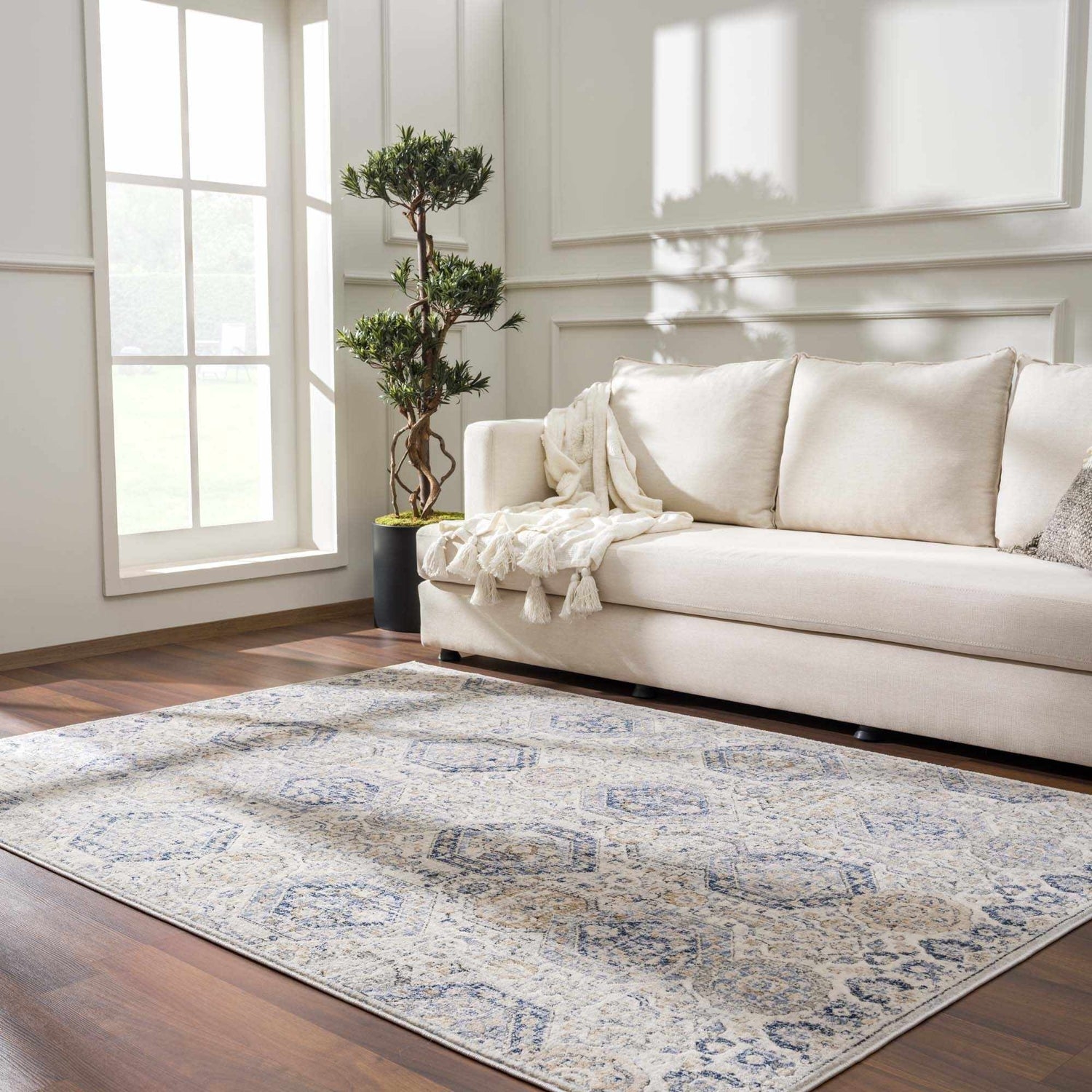 Area Rug Vintage Inspired Distressed Medallion Blue