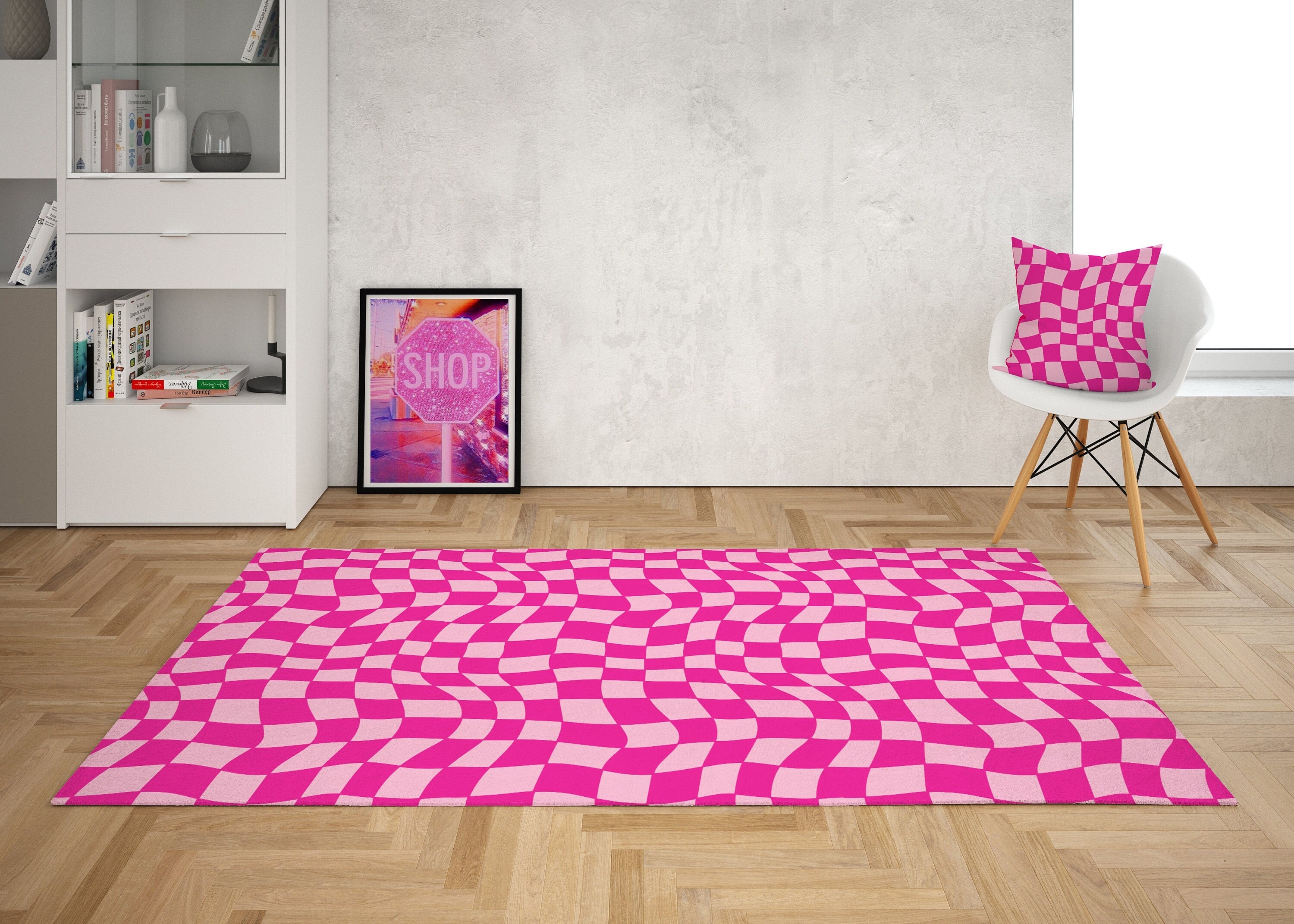 Area Rug Warped Checkerboard Pattern Hot Pink Decor