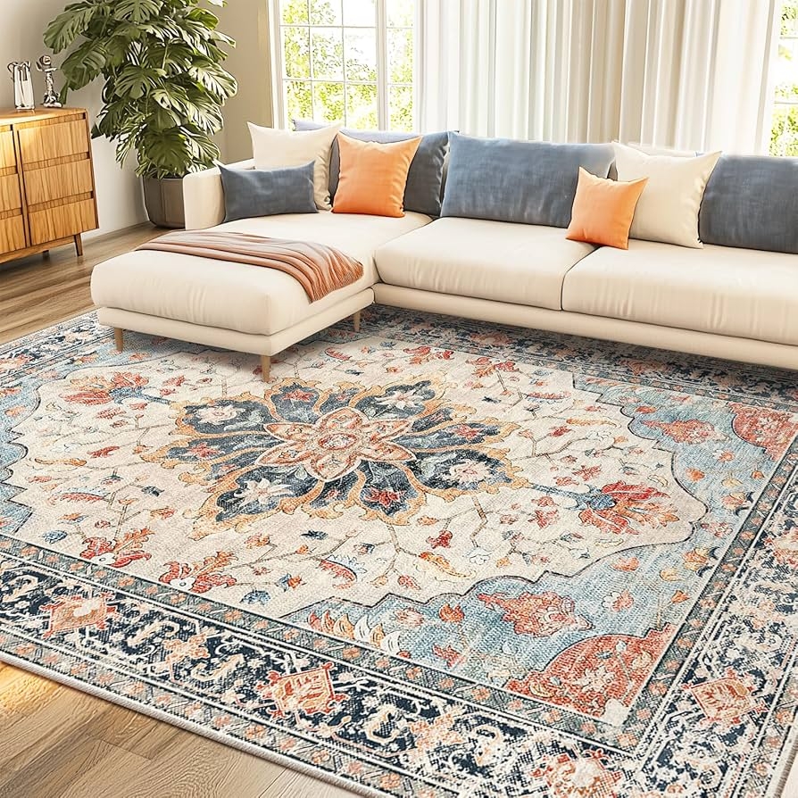 Area Rug Washable Print Distressed Medallion Pattern