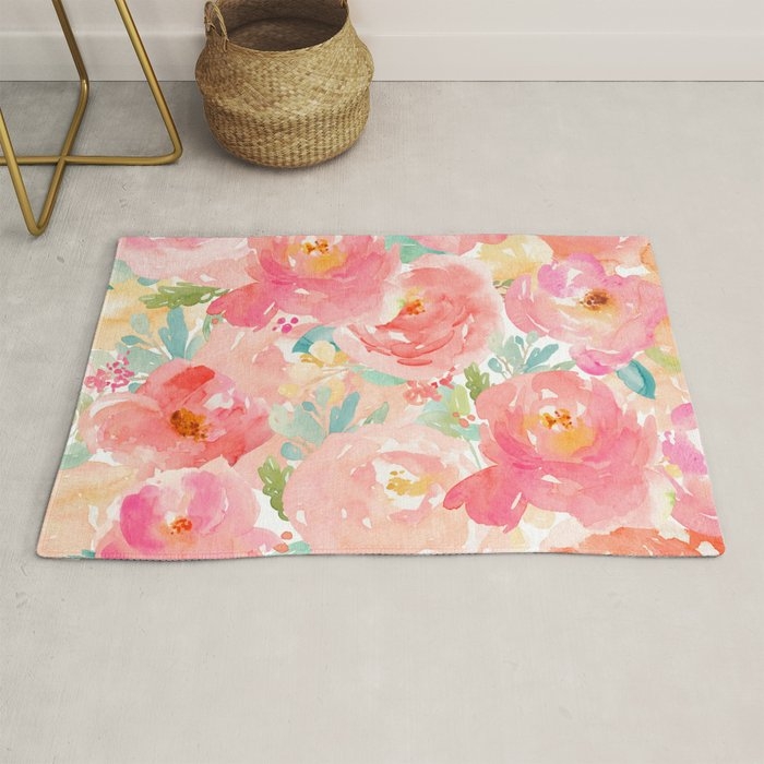 Area Rug Watercolor Peonies Romantic Floral Carpet