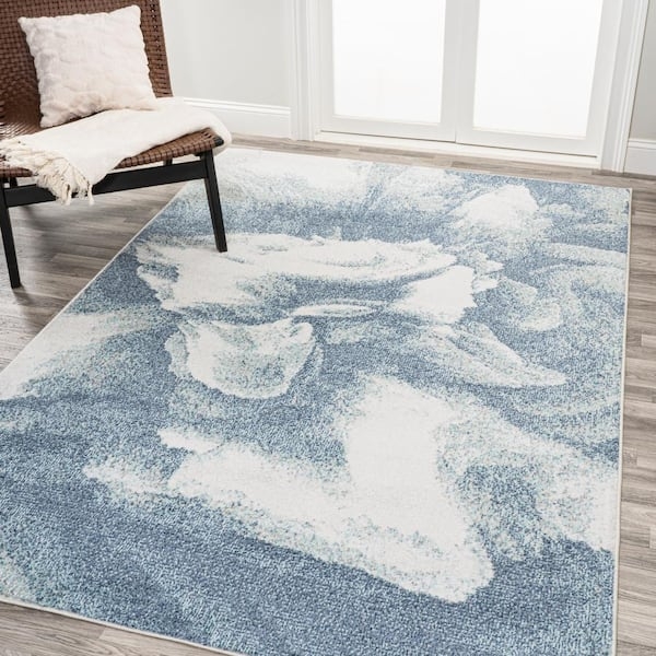 Area Rug Watercolor Petal Motif Abstract Blue Cream