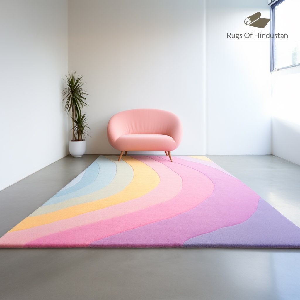 Area Rug Wavy Rainbow Design Plush Pastel Rainbow Wool Rug