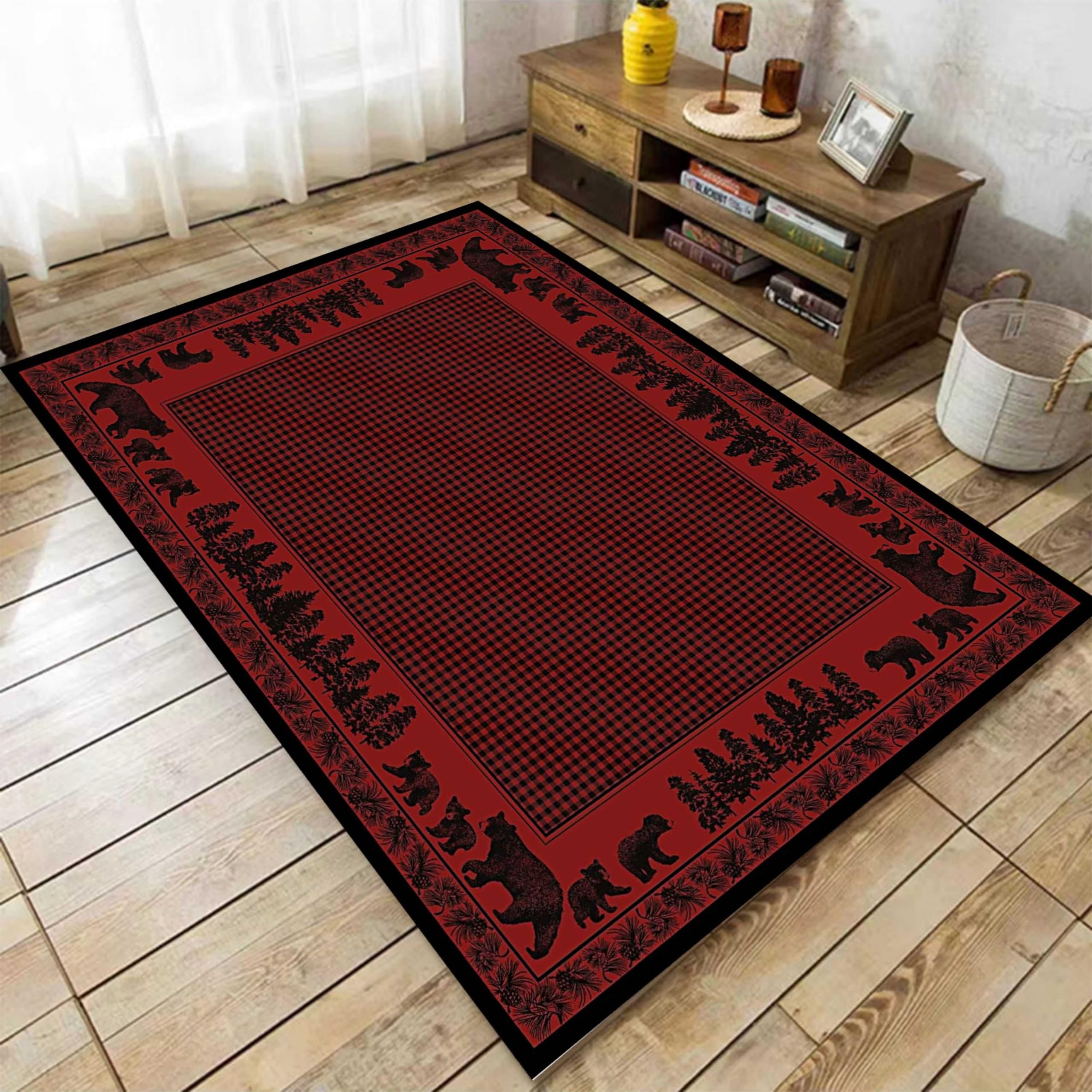 Area Rug - Wildlife Border Buffalo Plaid Cabin Decor Carpet