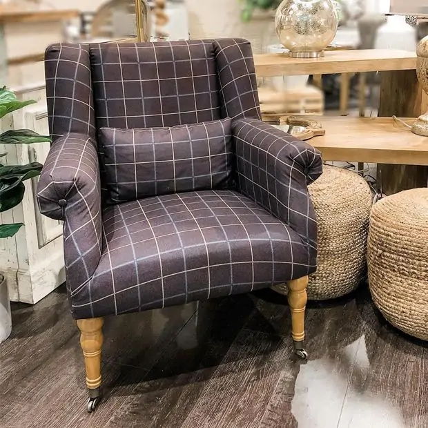 Armchair with Metal Casters and Windowpane Plaid Fabric