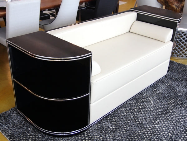 Art Deco Sofa with Integrated Shelving and Horizontal Banding
