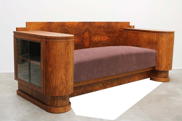 Art Deco Sofa with Walnut Burl Veneer and Glass Cabinet Arm