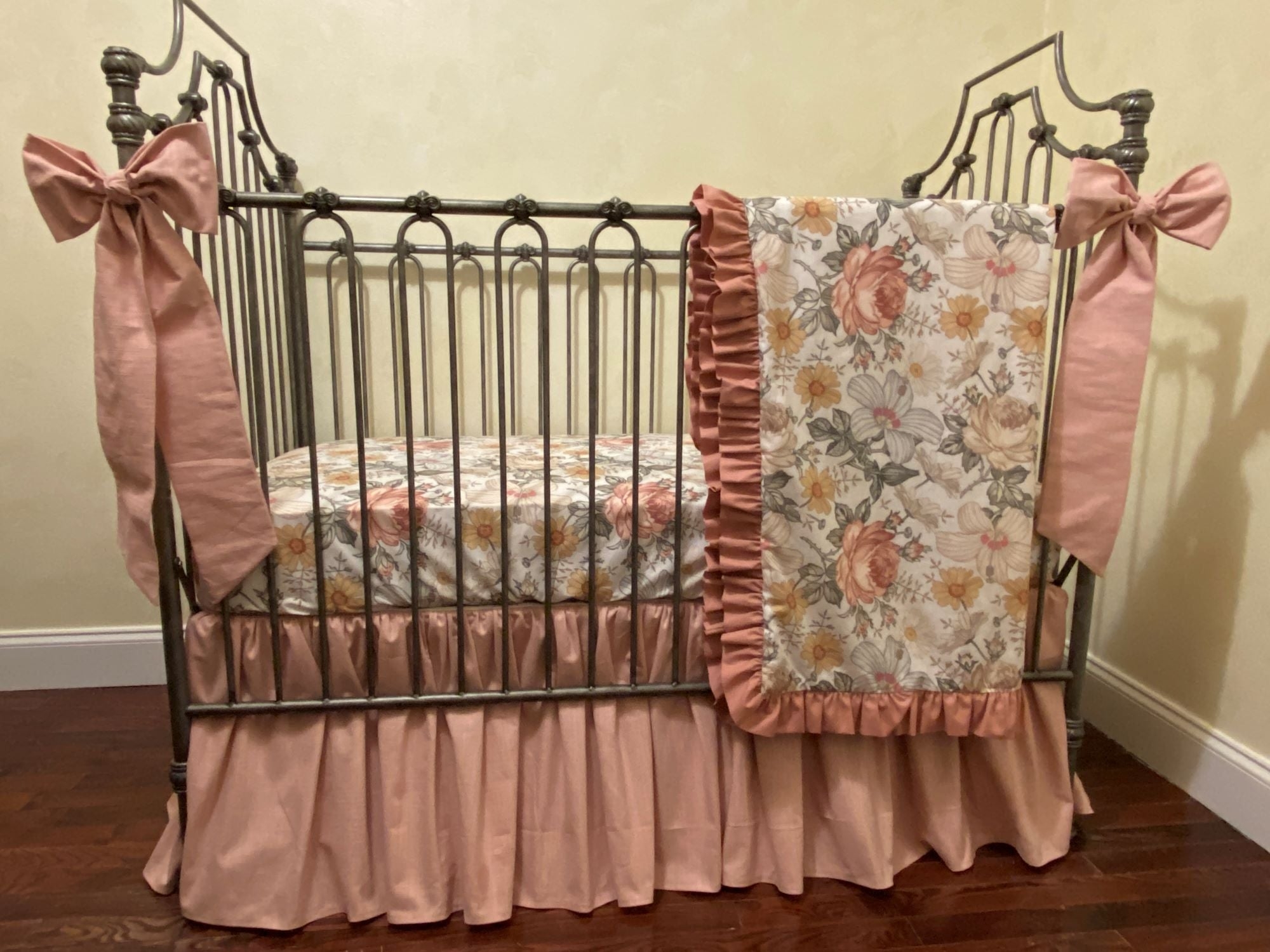 Baby Crib Oversized Bows and Ruffled Edges Antique Metal Frame