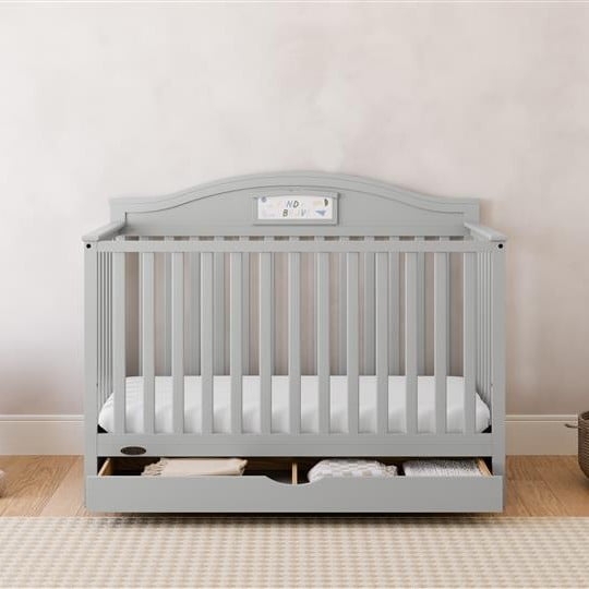 Baby Crib Pebble Gray Finish Arched Headboard Underbed Drawer