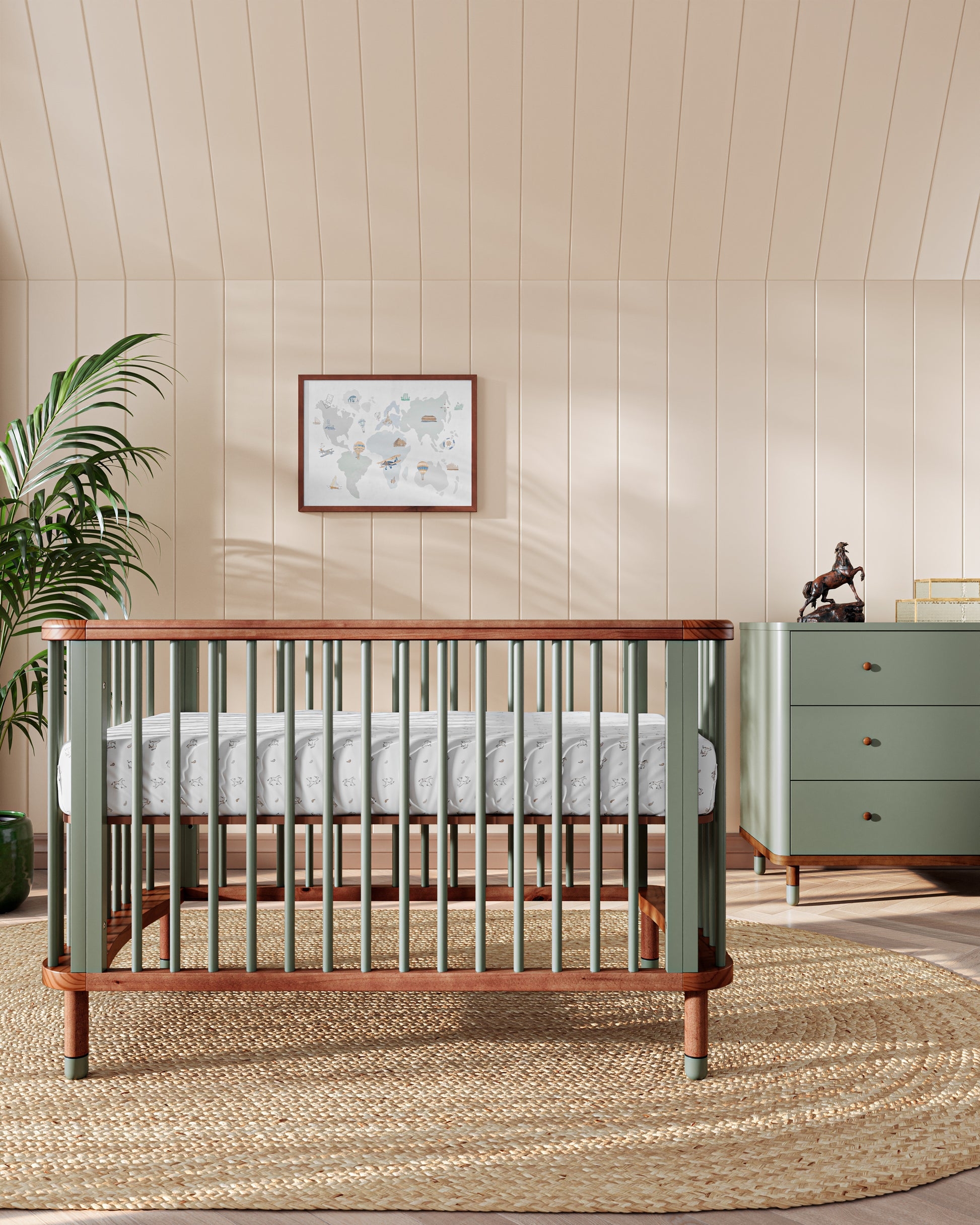 Baby Crib Two Tone Sage Rounded Spindles Contrasting Leg Tips