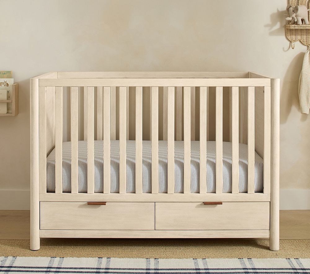 Baby Crib Whitewashed Finish Base Drawers Brown Leather Pulls