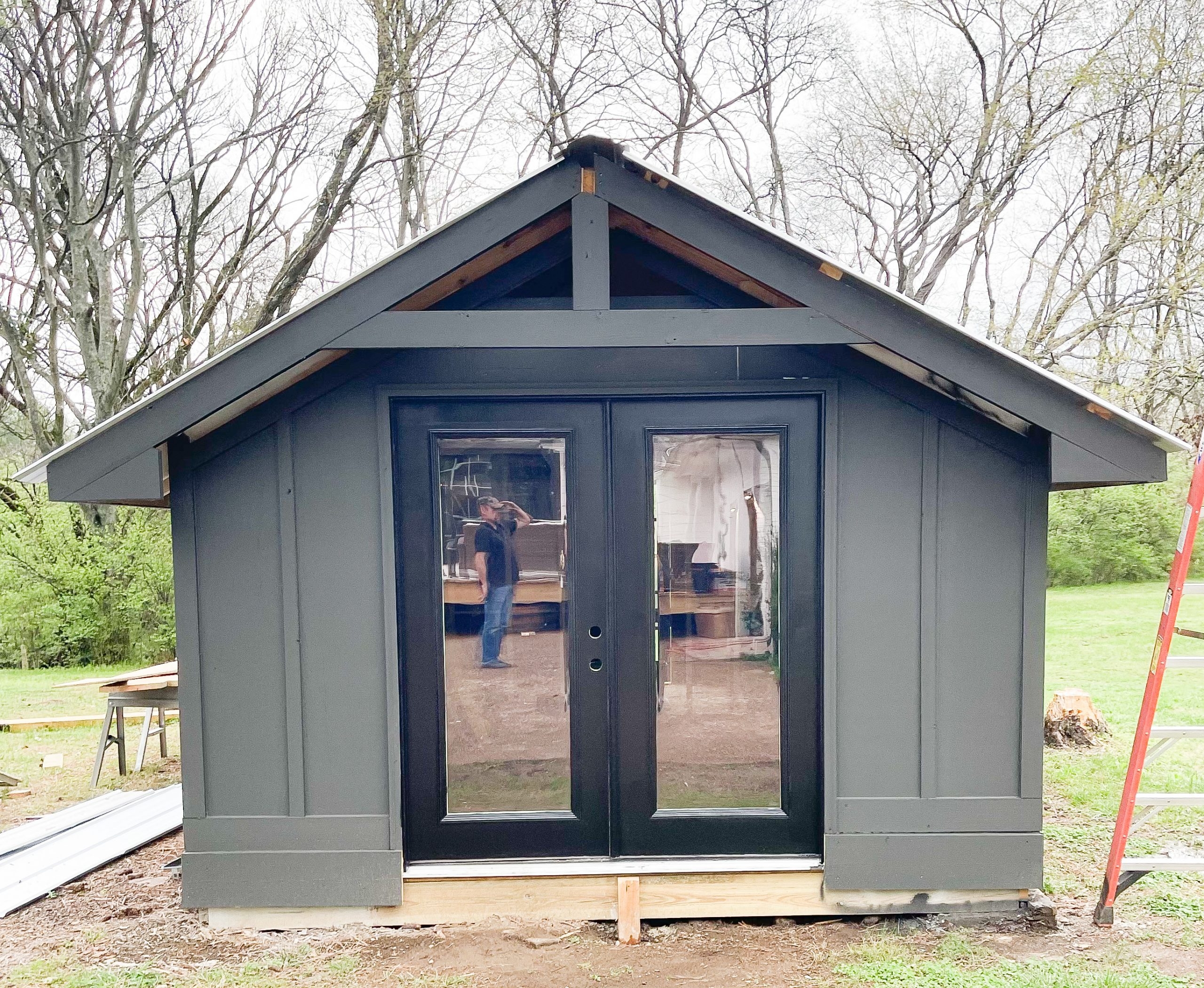 Backyard Shed: Board and Batten Black French Door Studio