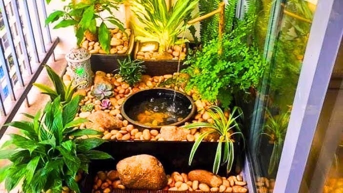 Balcony Garden Bamboo Water Spout And River Stone Decor