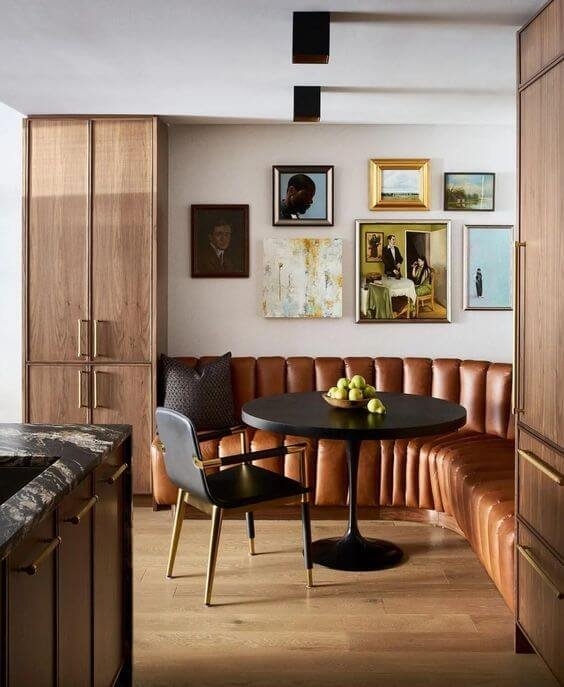 Banquette Seating: Cognac Channel Tufting and Gallery Wall