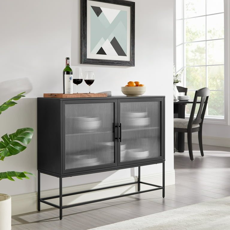 Bar Cabinet Fluted Glass Doors and Matte Black Metal