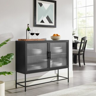 Bar Cabinet Fluted Glass Doors and Matte Black Metal