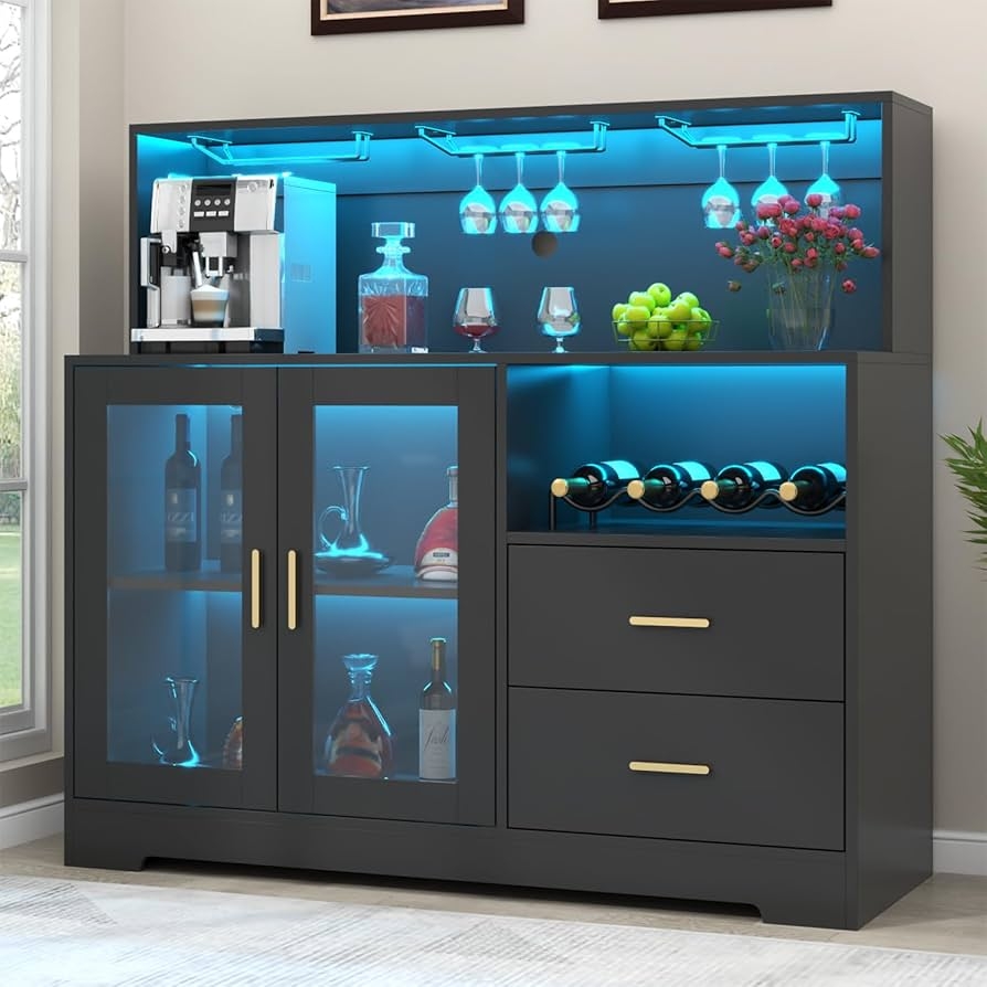Bar Cabinet Gold Accents and Coffee Station Top Unit