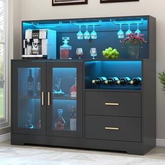 Bar Cabinet Gold Accents and Coffee Station Top Unit