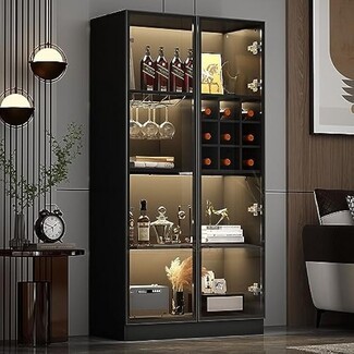 Bar Cabinet Grid Wine Rack with Lighted Display Case