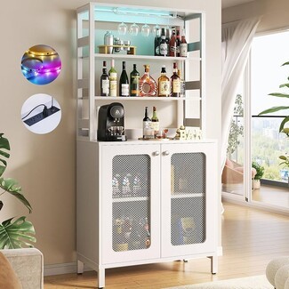 Bar Cabinet Hutch White with Integrated Power Strip