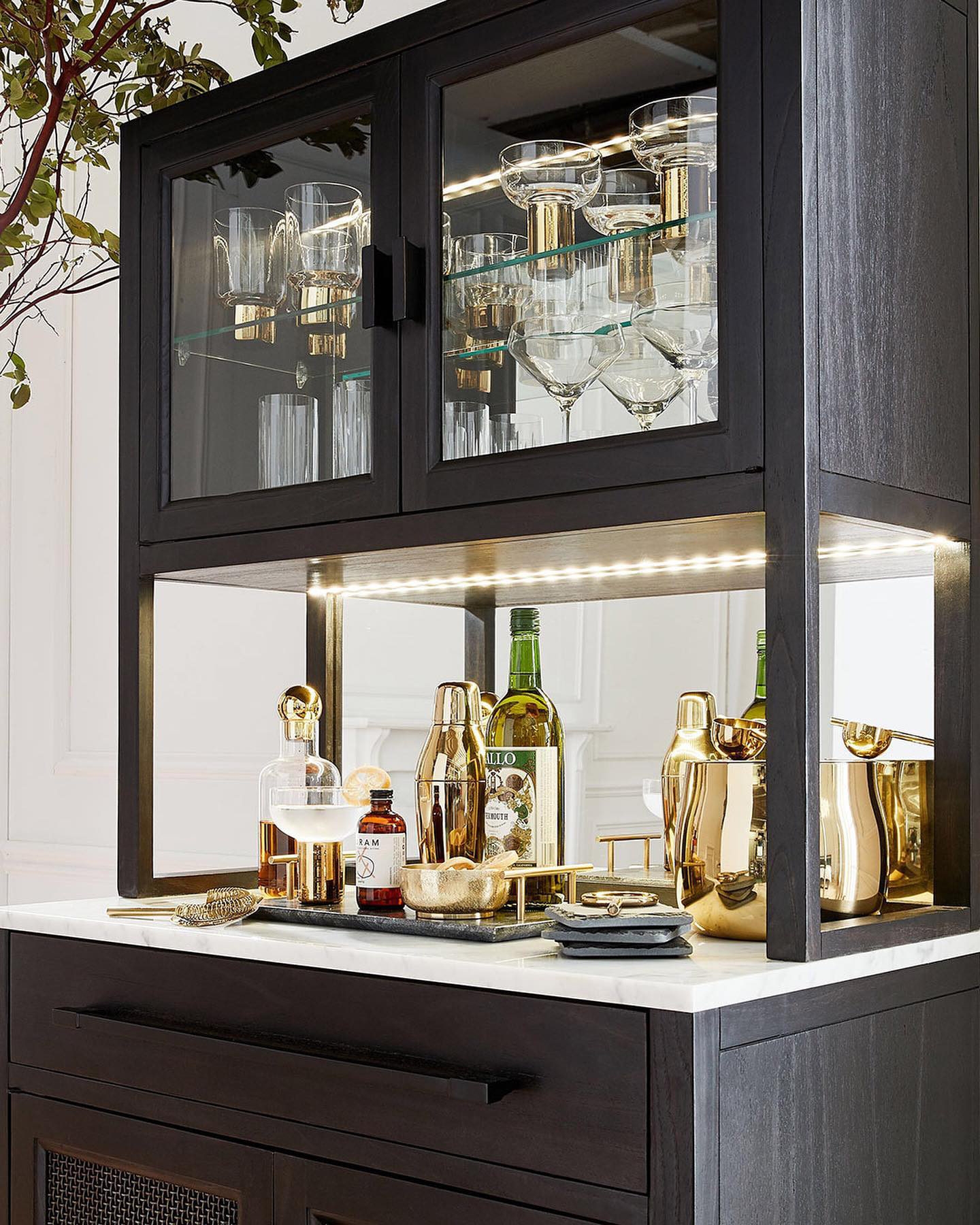 Bar Cabinet Hutch with Mirrored Back and Glass Top