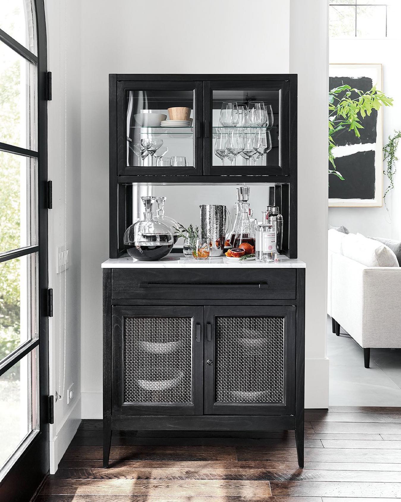 Bar Cabinet Matte Black with Stone Countertop Hutch