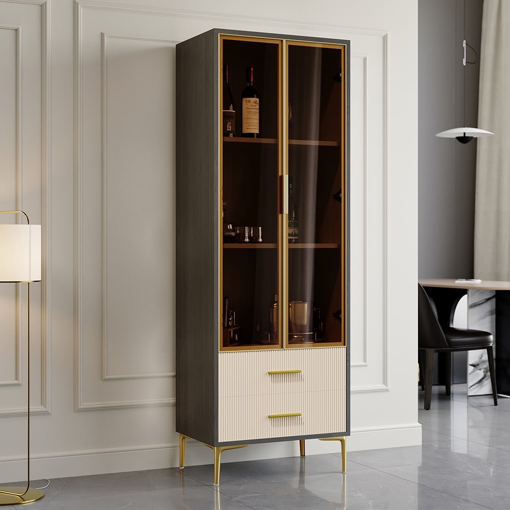 Bar Cabinet Slate Grey with Fluted Drawers and Gold