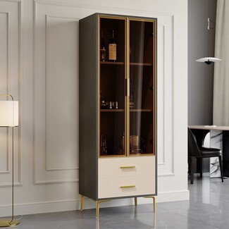 Bar Cabinet Slate Grey with Fluted Drawers and Gold